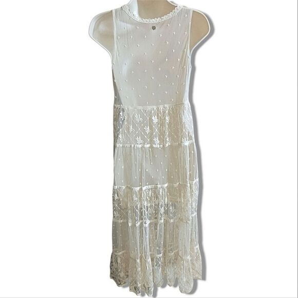 Billabong Maxi Lace Cream Sleeveless Tier Layered Boho Dress Layering Swim Cover - Picture 8 of 9
